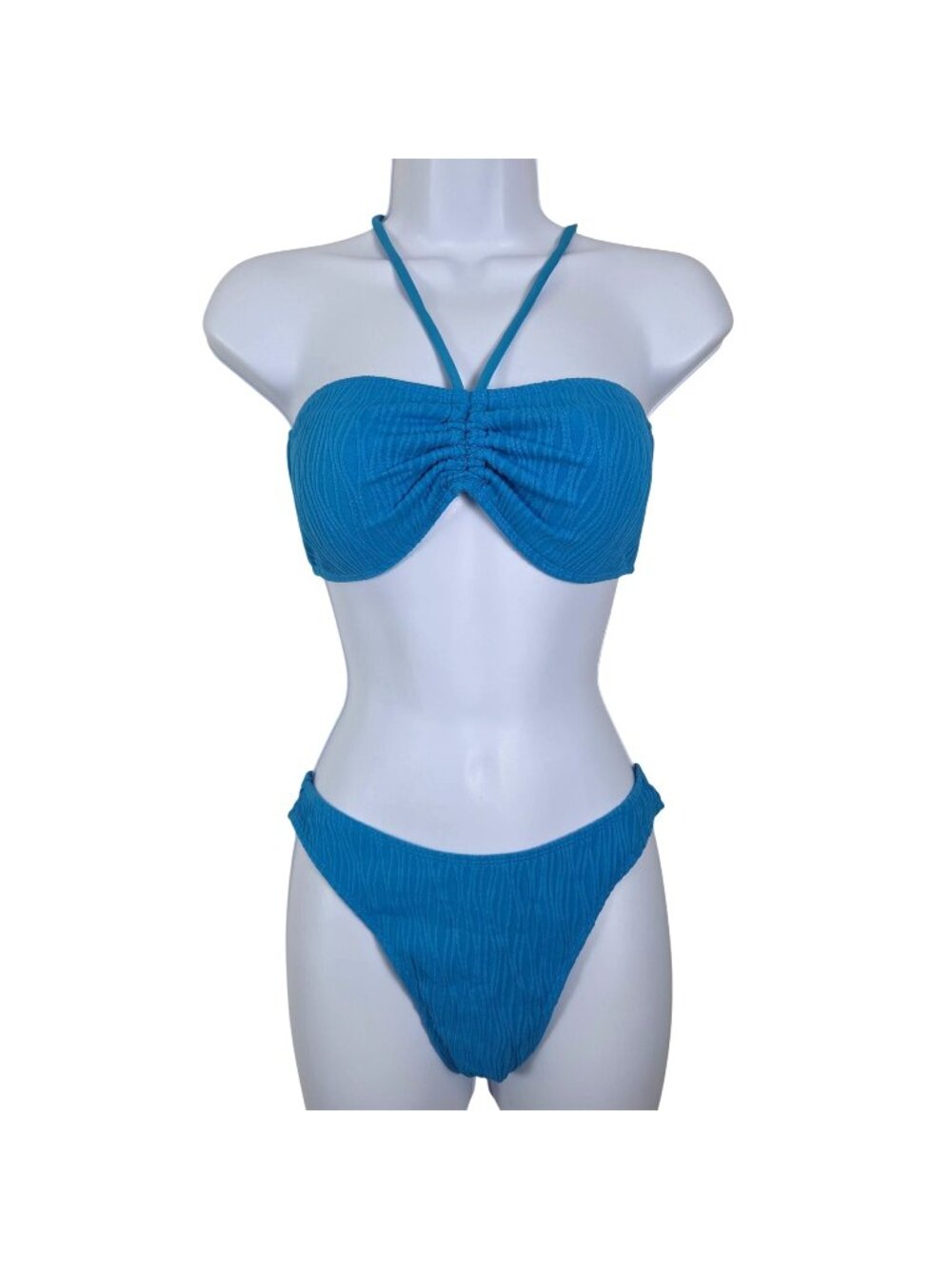 Zaful Womens S/4 Aqua Wave Textured Bikini Set Halter & Adjustable Lace-Up Back